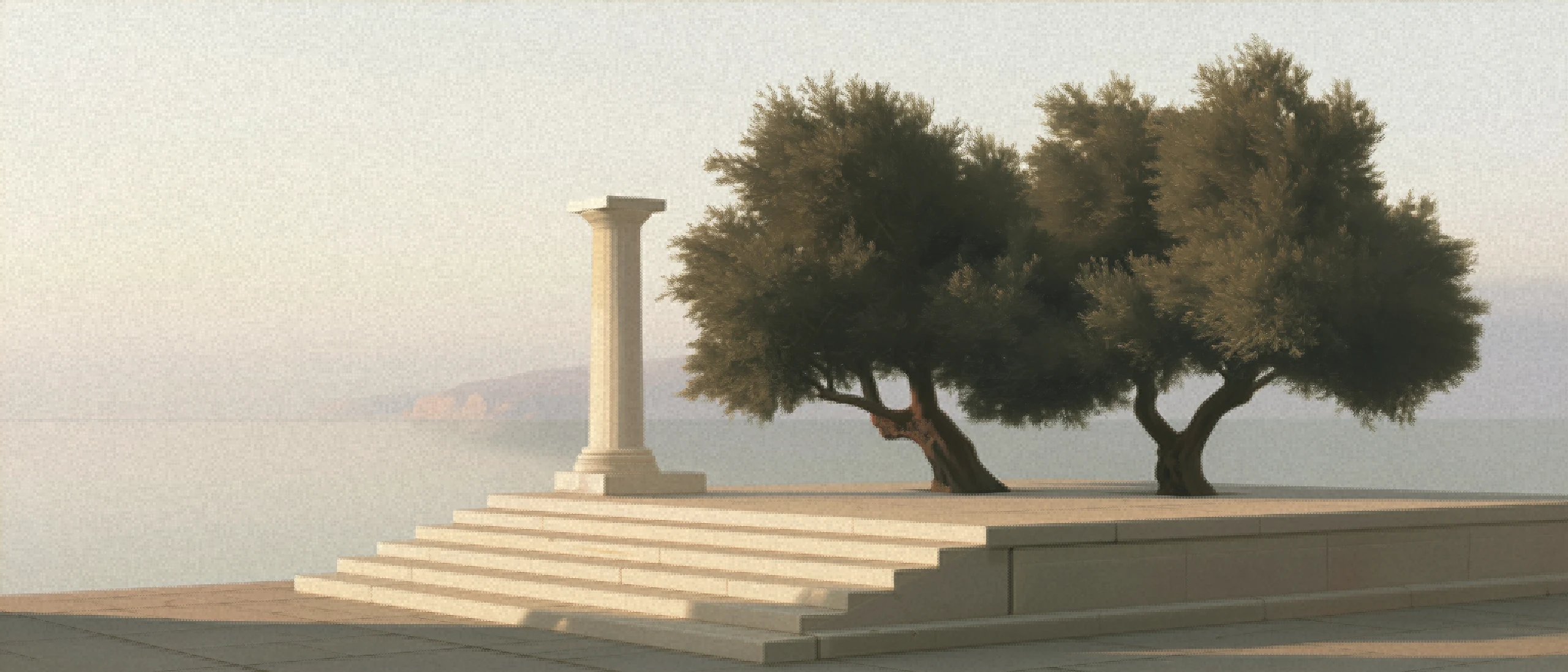 A stone terrace with a column above still water