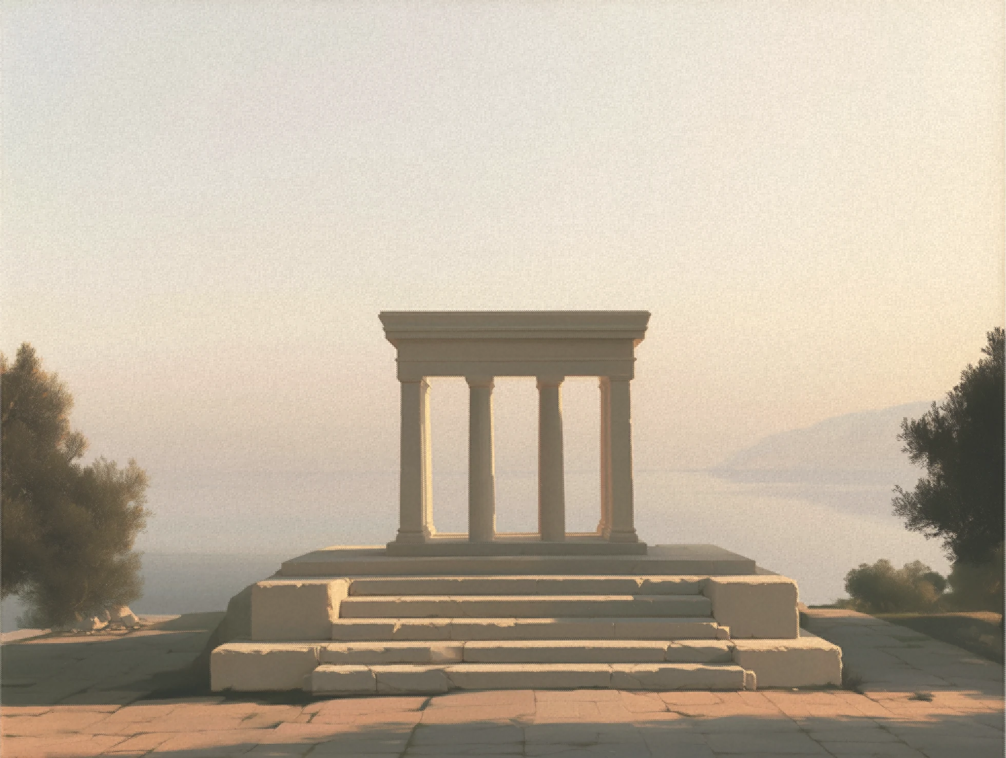 A classical stone gateway on broad marble steps above a calm sea